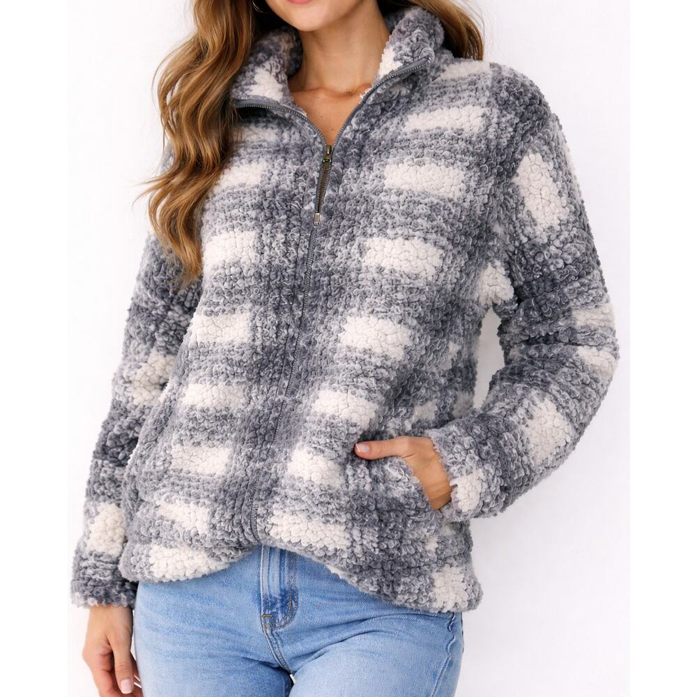 Dylan Cozy Sherpa Pullover Jacket Gray Plaid Zip Women’s Small